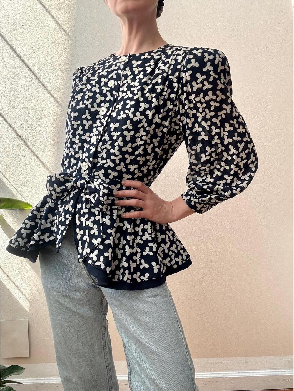 Vintage 1980s Richard Warren Navy Silk Peplum Blouse